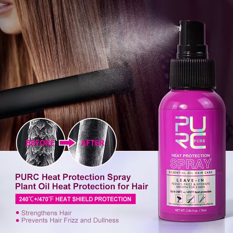 Hair Care Heat Protectant - สเปรย์ป้องกันความร้อน PURC ผสมน้ำมันมะพร้าว ควบคุมผมชี้ฟู เพิ่มความเงางาม สำหรับทุกสภาพเส้นผม
